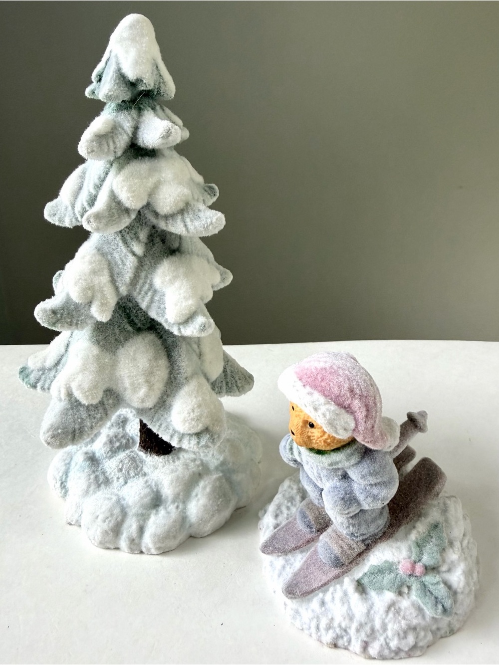 Vintage Flocked Snowy Tree & Skiing Bear Figurine Christmas Holiday Winter Decor